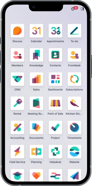 Grille des applications Odoo sur smartphone — CRM, Ventes, Comptabilité, Stock, RH, Point de Vente