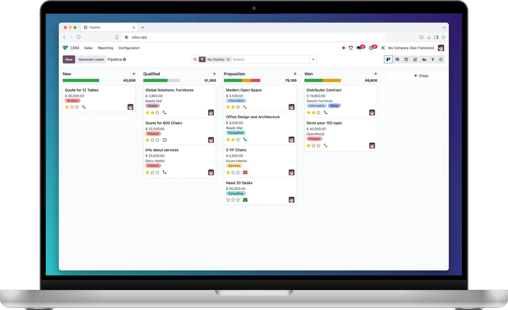 Pipeline commercial du CRM Odoo affiché sur ordinateur portable — suivi des opportunités de vente pour une PME